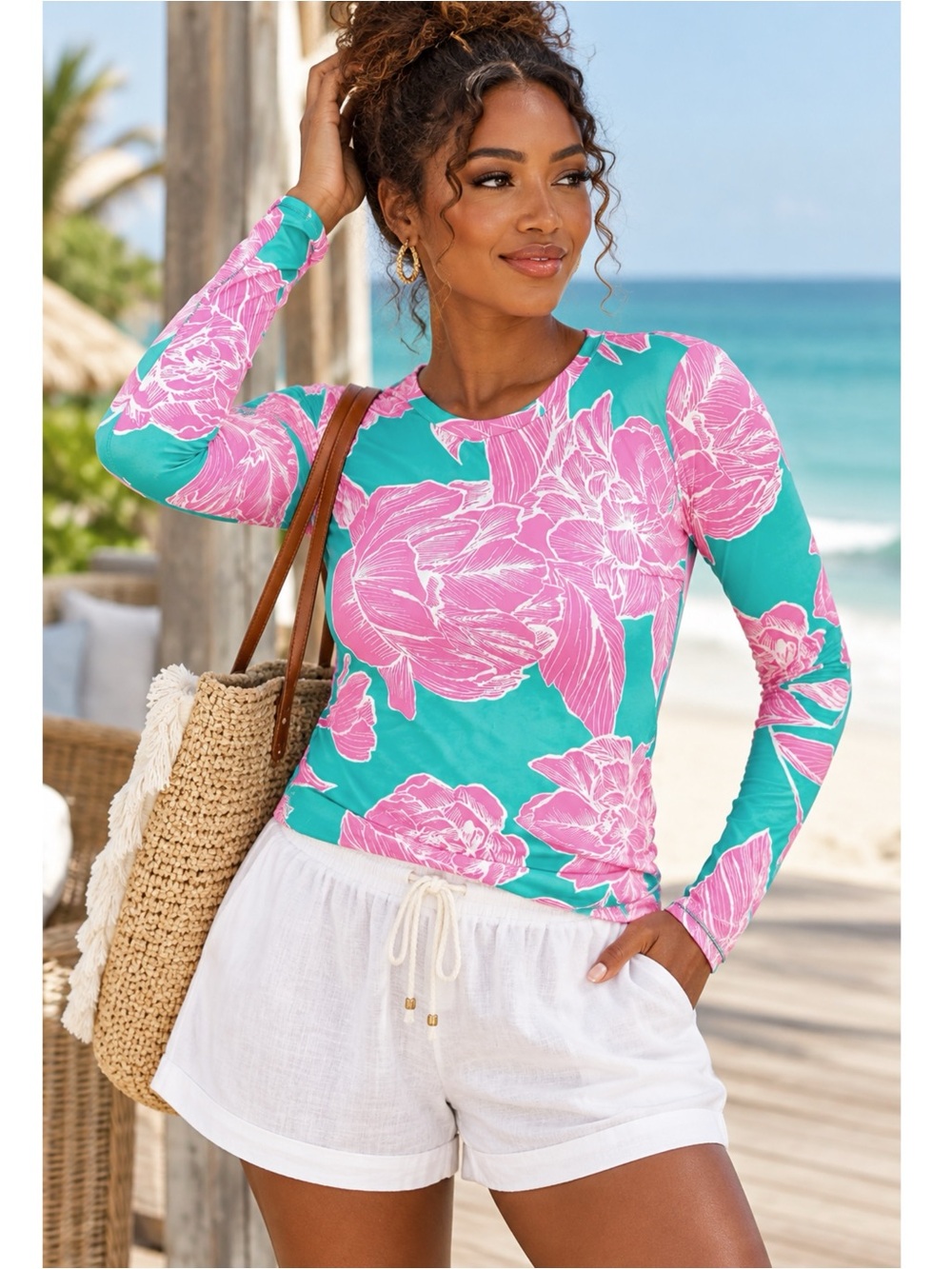 HAPTICS Preppy Love Aqua/Pink Fitted Floral Print Top Long Sleeve MEDIUM